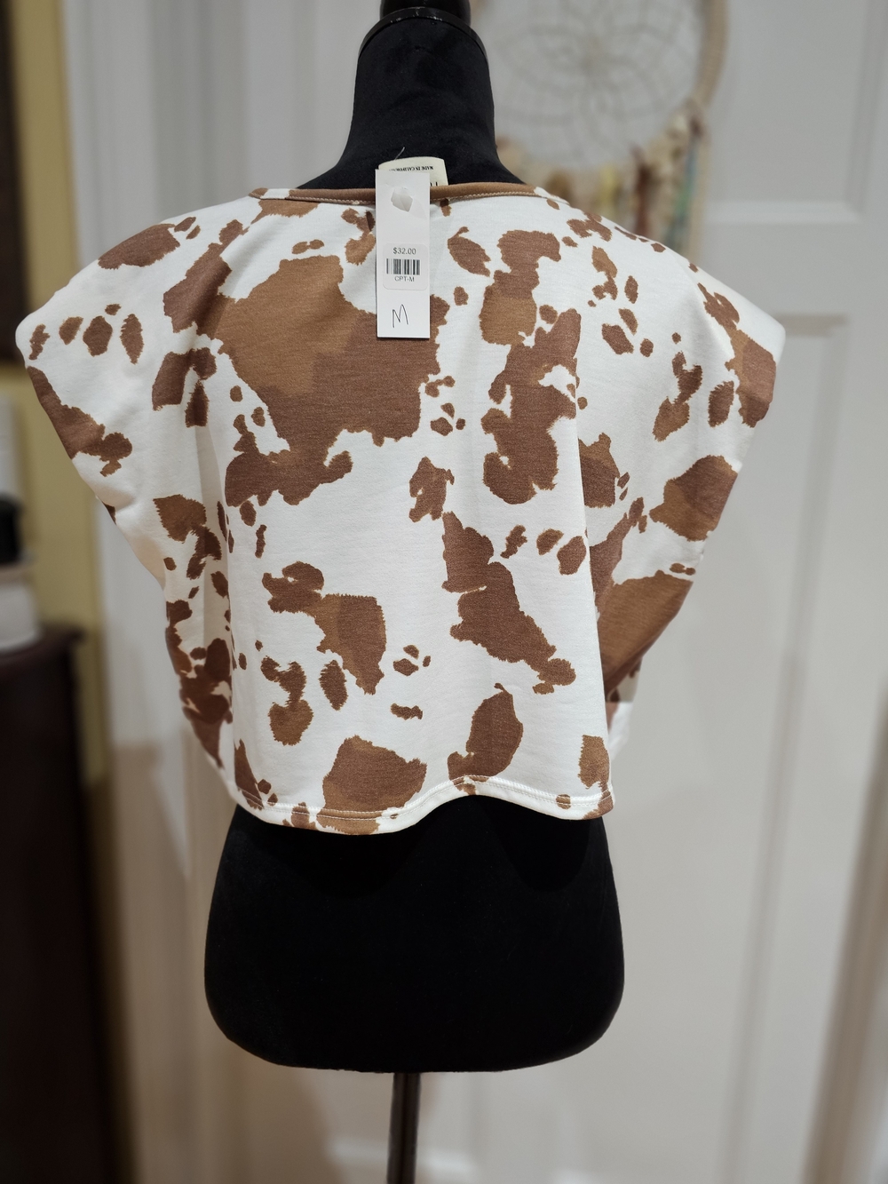 Peach Love California White and Brown Cow Print Cropped Top, Made In USA - Picture 3 of 7